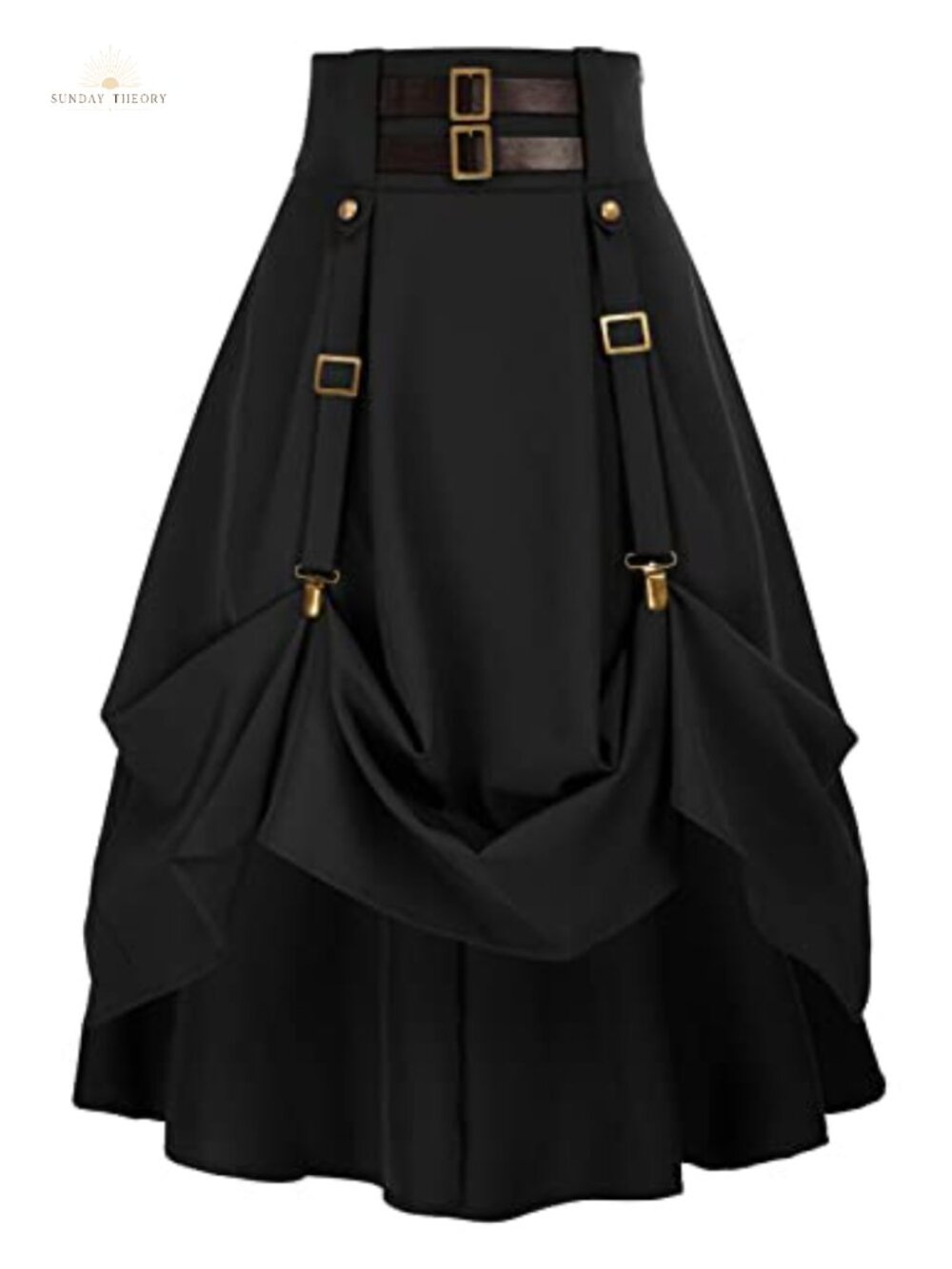 Steampunk Gothic High Waisted Midi Skirt with Pocket Adjustable High Low Hem